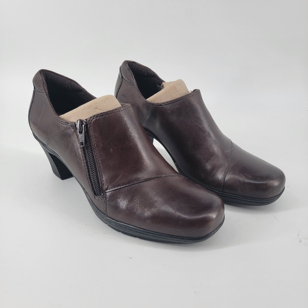 Clarks Shooties Womens 9M Brown Leather Side Zip Block Heel Square Toe